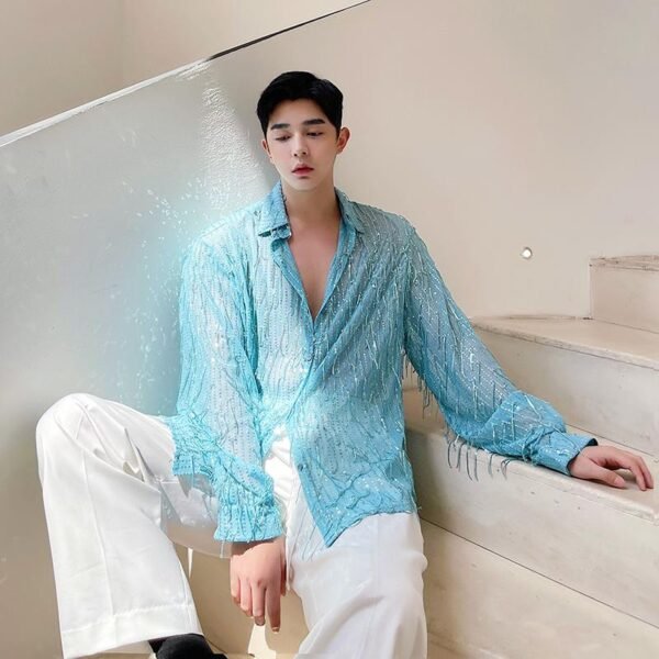 H1022 P105 Heavy Craft Irregular Sequin Tassel Shirt