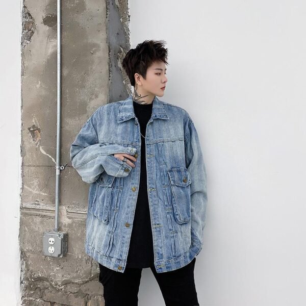 8038-P90 Big Pocket Striped Denim Jacket