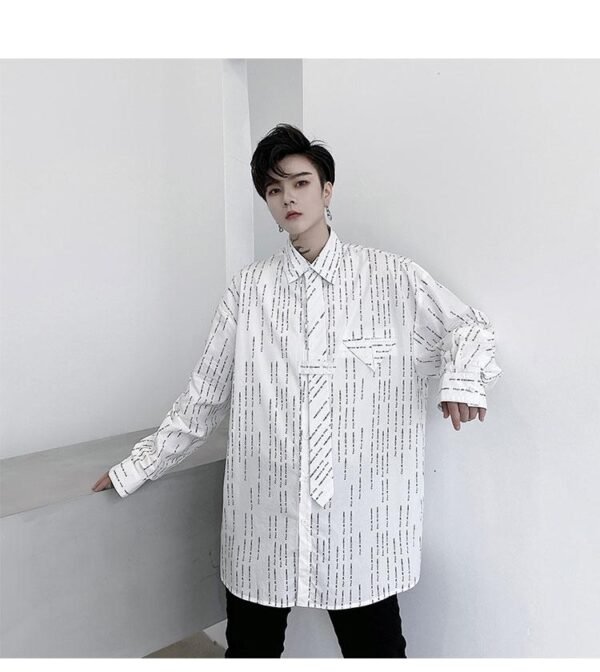 KK1452 Letter Printing Fixed Tie Design Men's Loose Long Sleeve Shirt