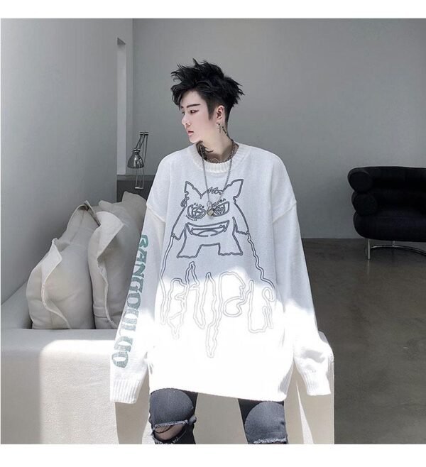 Kk1524 Little Monster Pattern Sleeve Letter Print Men's Loose Thick Sweater