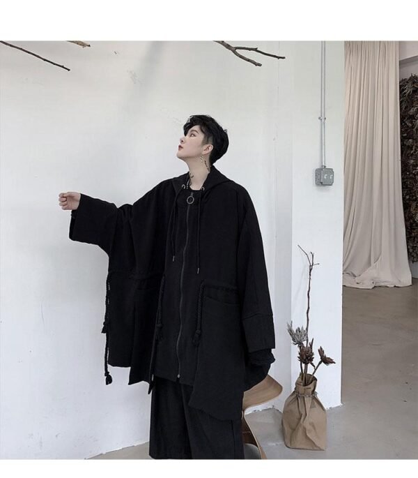 Dark Large Pocket Bat Sleeve Loose Hooded Trench Coat
