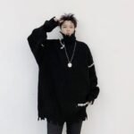 KK1570/P95 Winter Solid Color Hole High Neck Stitch Design Loose Thick Sweater
