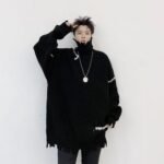 KK1570/P95 Winter Solid Color Hole High Neck Stitch Design Loose Thick Sweater