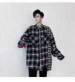 KK1453 Plaid Colliding Color Design Men's Loose-sleeved Shirt