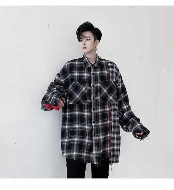 KK1453 Plaid Colliding Color Design Men's Loose-sleeved Shirt