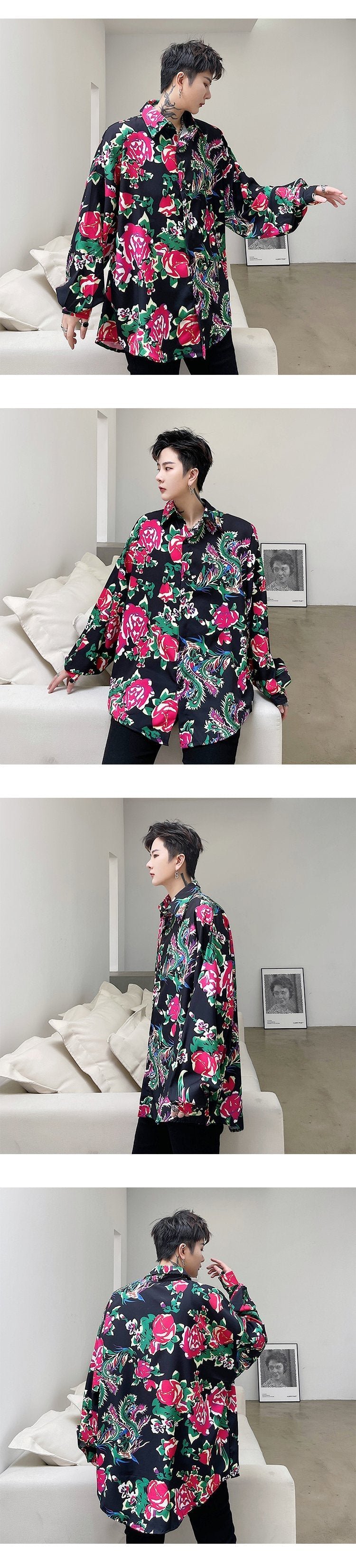8057-P55INS Trendy Hip Hop Fried Street Net Red Peony Neutral Loose Shirt