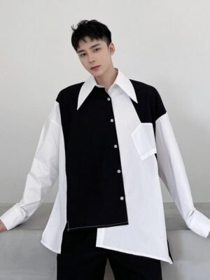 2353-P75 Black and White Contrast Color Irregular Stitching Shirt