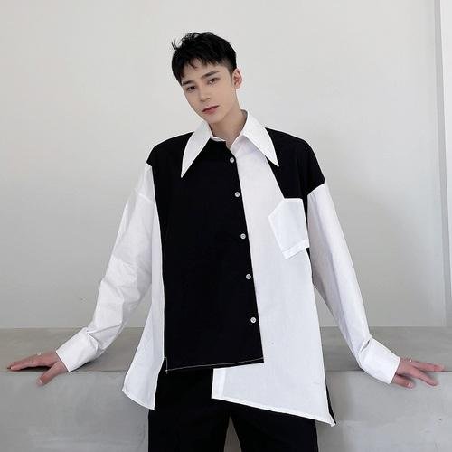 2353-P75 Black and White Contrast Color Irregular Stitching Shirt