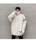 KK1570/P95 Winter Solid Color Hole High Neck Stitch Design Loose Thick Sweater