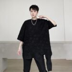 KK1624/P75 Asymmetrical Loose T-shirt with Crumpled Fabric Hem