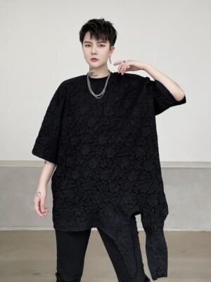 KK1624/P75 Asymmetrical Loose T-shirt with Crumpled Fabric Hem