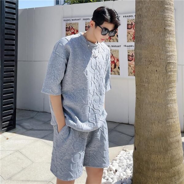 P85 Ribbed Hem T-sleeve High Temperature Three-dimensional Embossed Summer Short-sleeved Shorts Suit