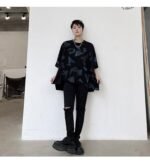 KK1623/P80 Geometric Pattern Printed Patchwork Falling Shoulder Loose Short Sleeve T-Shirt