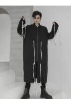 Men's Tide Long Windbreaker Jacket Long Coat Drawstring Jacket