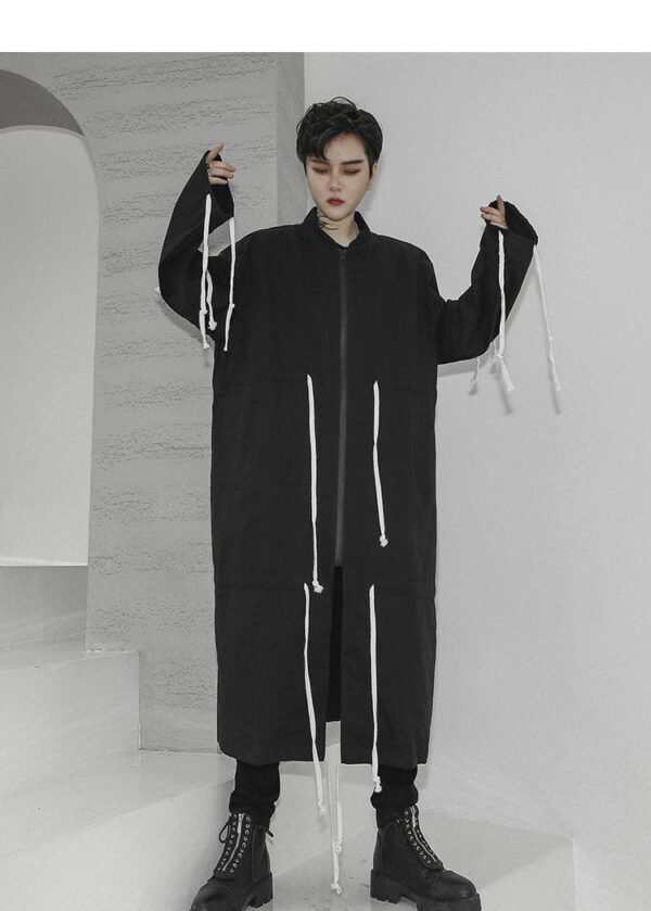 Men's Tide Long Windbreaker Jacket Long Coat Drawstring Jacket