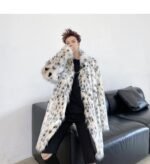 F425P185 Winter Long Windbreaker Hair High End Men and Women Stand Collar Leopard Print Thickened Coat