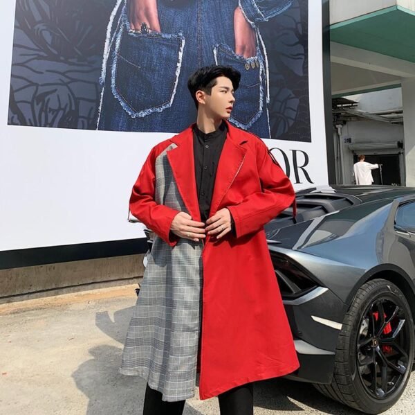 Fashion Plaid Windbreaker Red Trench Coat Flannel Trench Coat