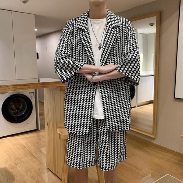 Houndstooth Shirt Shorts Two-piece Suit Men