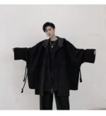 Dark Large Pocket Bat Sleeve Loose Hooded Trench Coat