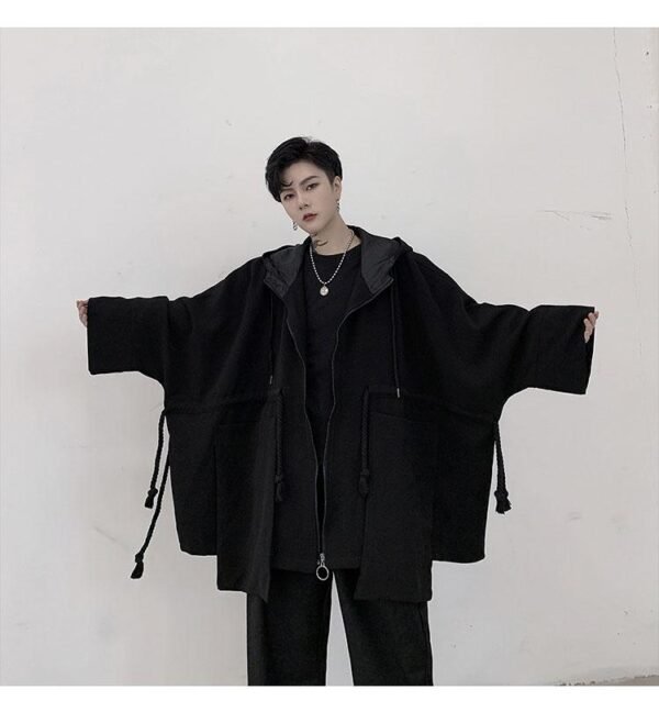 Dark Large Pocket Bat Sleeve Loose Hooded Trench Coat