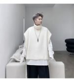 Japanese Streetwear Solid Color High Collar Knitted Vest Sleeveless Sweater Turtleneck Sweater Vest