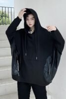 Bat Sleeve Jacket Men's Loose Jacket Dark Black Leather Pocket Pullover Hoodies