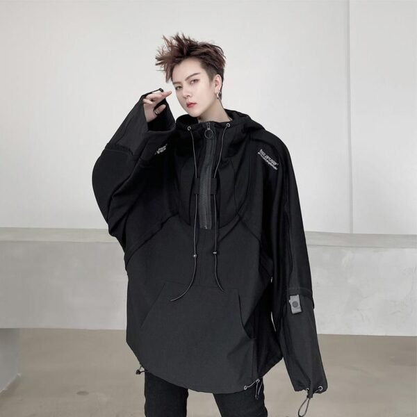 B251A-WY02-P155 Dark Oversize Loose Cape Hooded Windbreaker Jacket