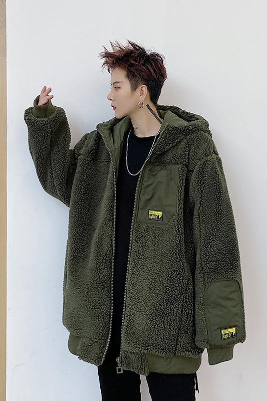 W205P125 Lambswool Jacket Handsome Hooded Thickened Cotton-padded Casual Jacket