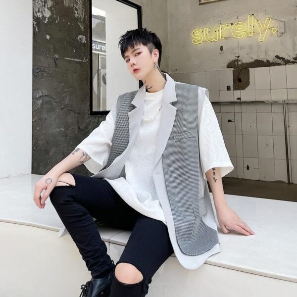 KK1631/P150 Lattice Stitching Contrast Color Fake Two-piece Vest