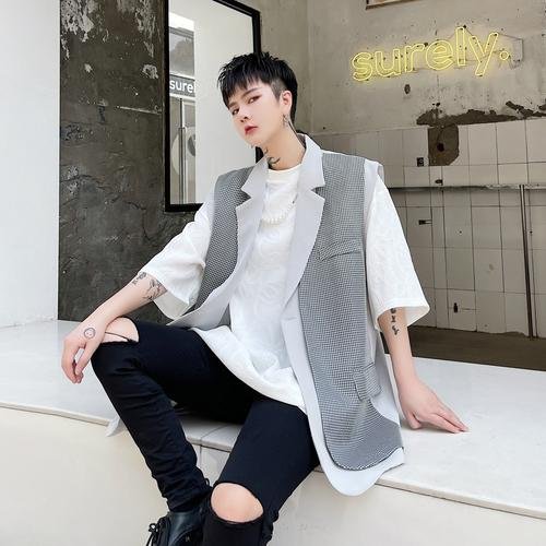 KK1631/P150 Lattice Stitching Contrast Color Fake Two-piece Vest