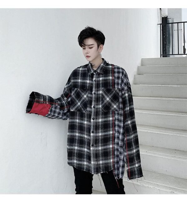 KK1453 Plaid Colliding Color Design Men's Loose-sleeved Shirt