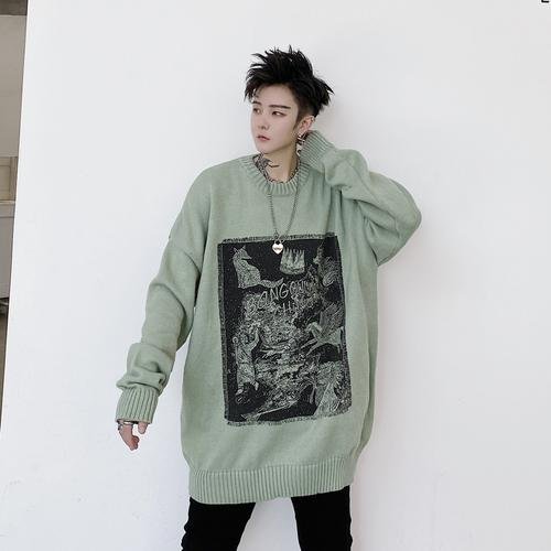 Kk1525 Animal Alphabet Print Men's Solid Color Loose Thick Sweater