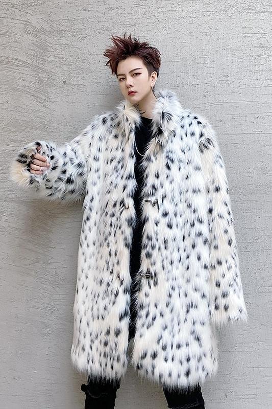 F425P185 Winter Long Windbreaker Hair High End Men and Women Stand Collar Leopard Print Thickened Coat