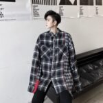 KK1453 Plaid Colliding Color Design Men's Loose-sleeved Shirt