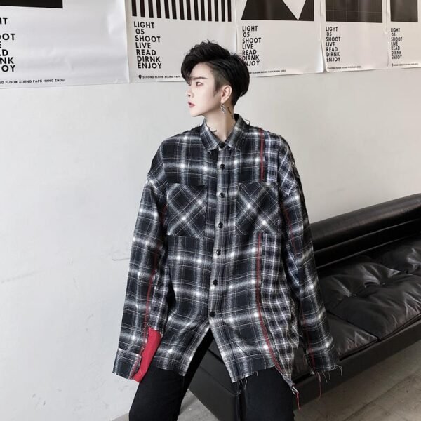 KK1453 Plaid Colliding Color Design Men's Loose-sleeved Shirt