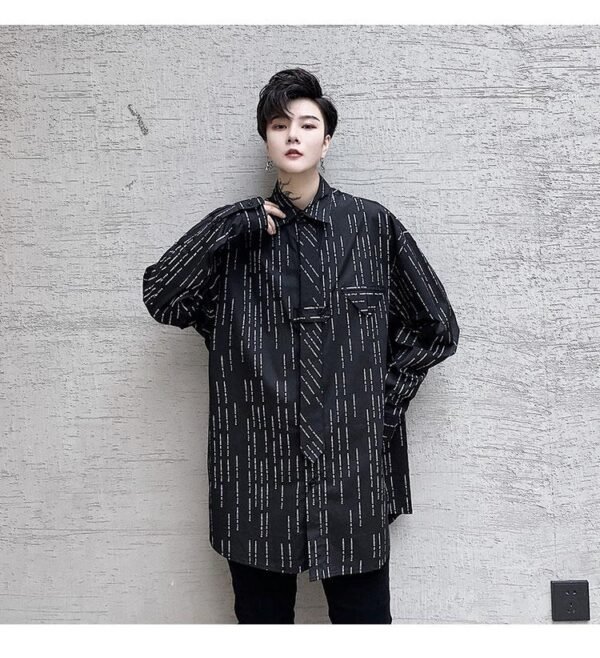KK1452 Letter Printing Fixed Tie Design Men's Loose Long Sleeve Shirt