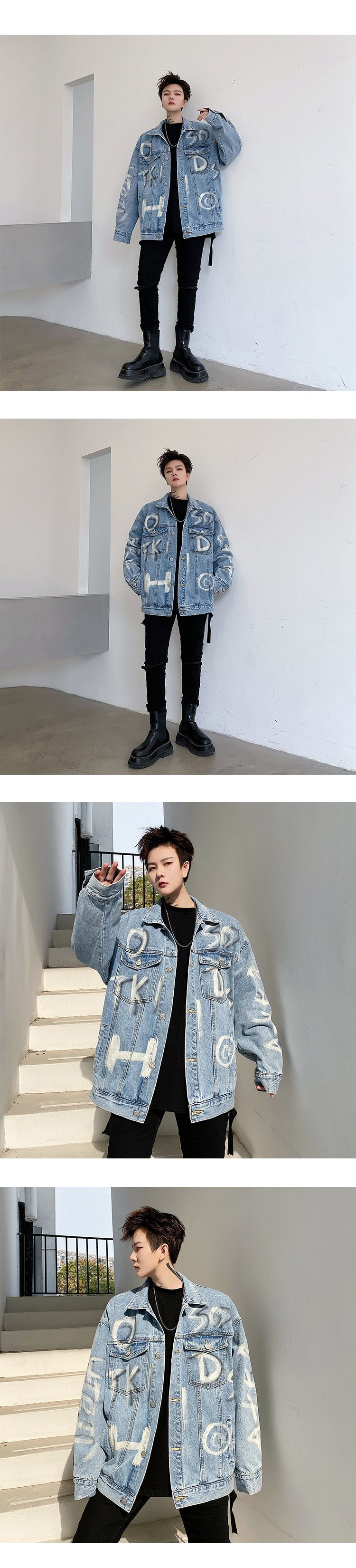 8033-p130 High Quality Washed Denim English Letter Graffiti Jacket