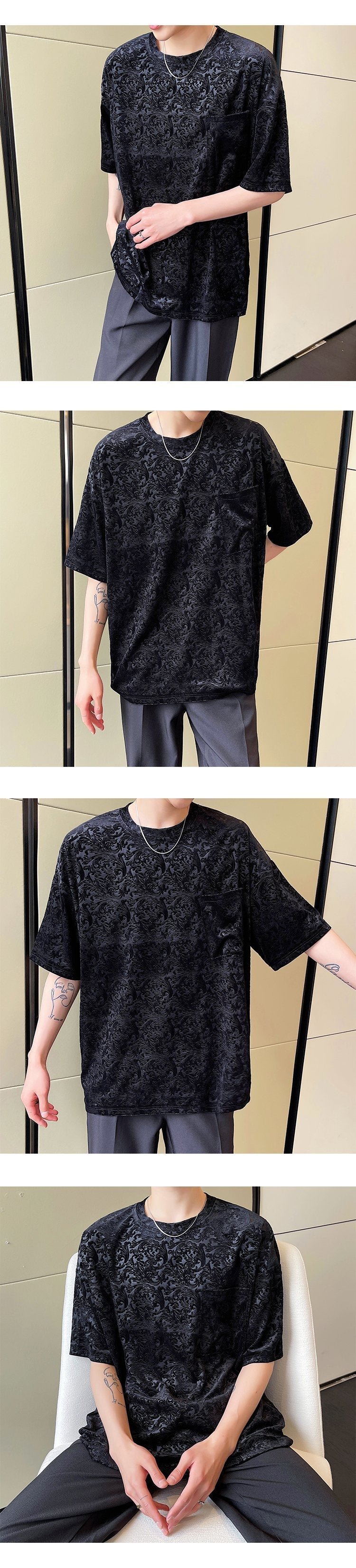 A452--6133--P55 P55 New Velvet Jacquard Round Neck T-shirt In Summer