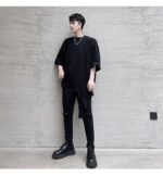 KK1624/P75 Asymmetrical Loose T-shirt with Crumpled Fabric Hem