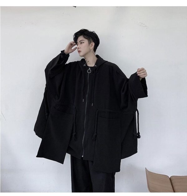 Dark Large Pocket Bat Sleeve Loose Hooded Trench Coat