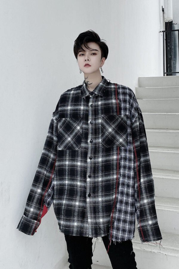 KK1453 Plaid Colliding Color Design Men's Loose-sleeved Shirt