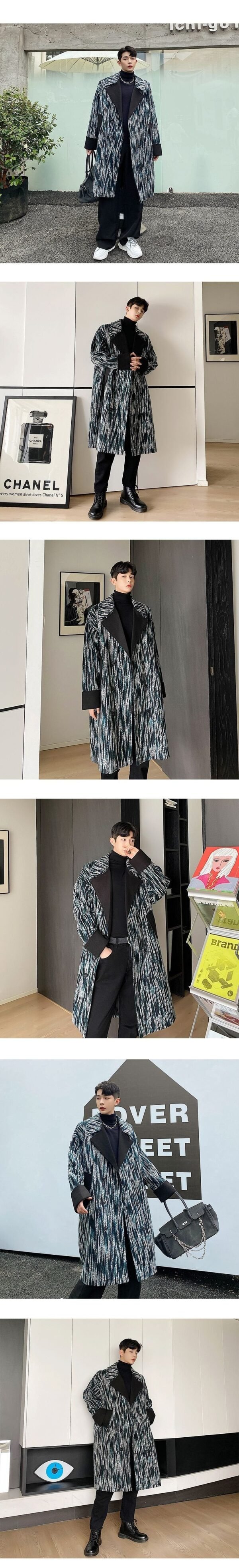 P165 Korean Tree Pattern Wool Over The Knee Coat Men