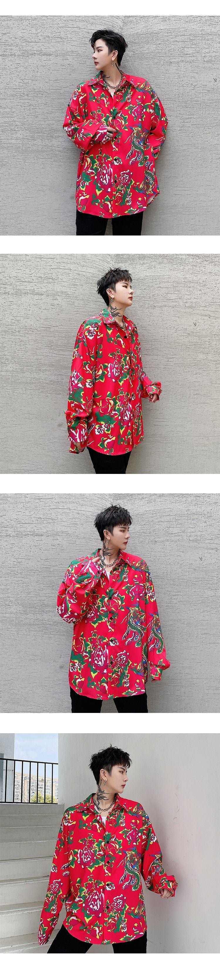 8057-P55INS Trendy Hip Hop Fried Street Net Red Peony Neutral Loose Shirt