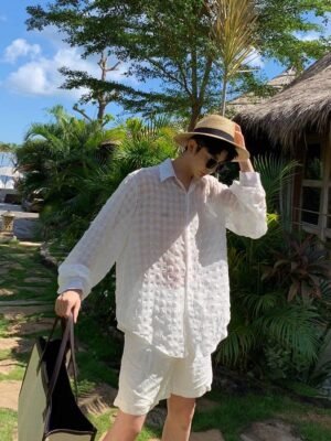 A345-1106-P75 White Embossed Hawaiian Holiday Beach Long Sleeve Thin Shirt Men