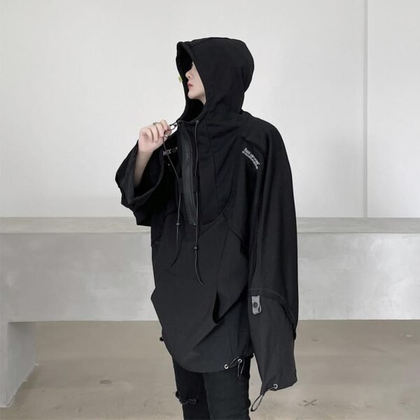 B251A-WY02-P155 Dark Oversize Loose Cape Hooded Windbreaker Jacket