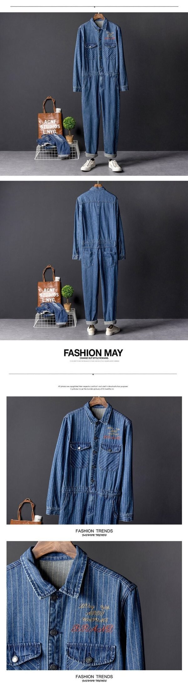 Spring and Autumn Tide Men's Tooling Jumpsuit Striped Jeans Jumpsuit Men's Korean Version of Slim Bib Blue