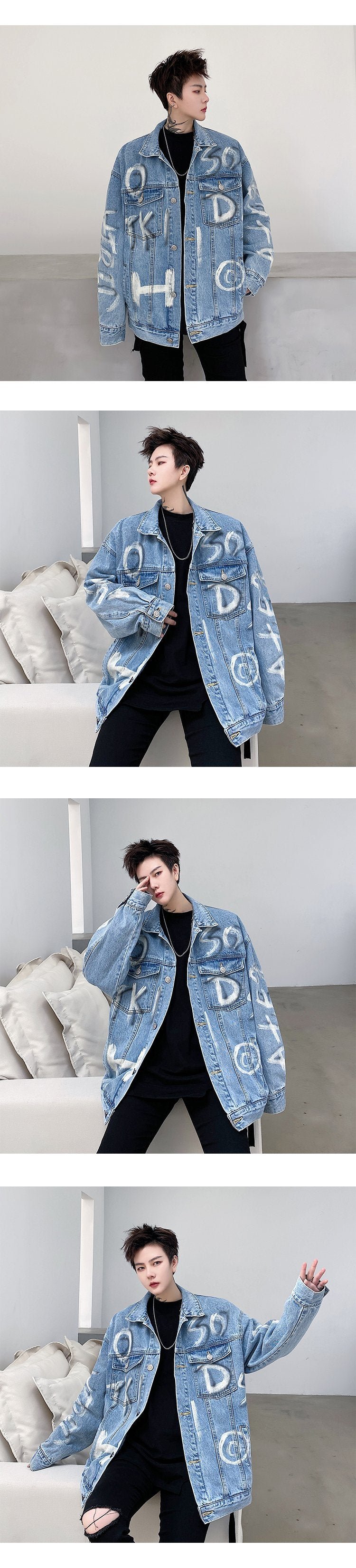 8033-p130 High Quality Washed Denim English Letter Graffiti Jacket