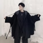 Dark Large Pocket Bat Sleeve Loose Hooded Trench Coat