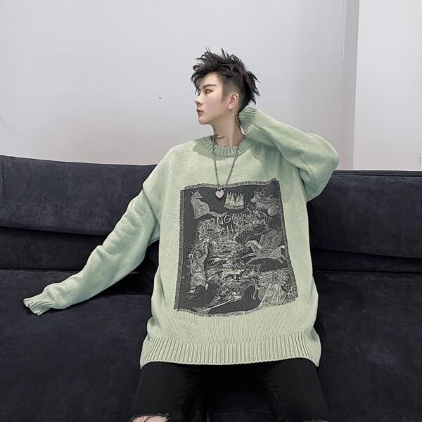 Kk1525 Animal Alphabet Print Men's Solid Color Loose Thick Sweater