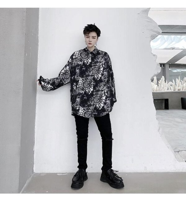 KK1499 Tie Geometric Pattern Print Men's Loose Long-sleeved Shirt